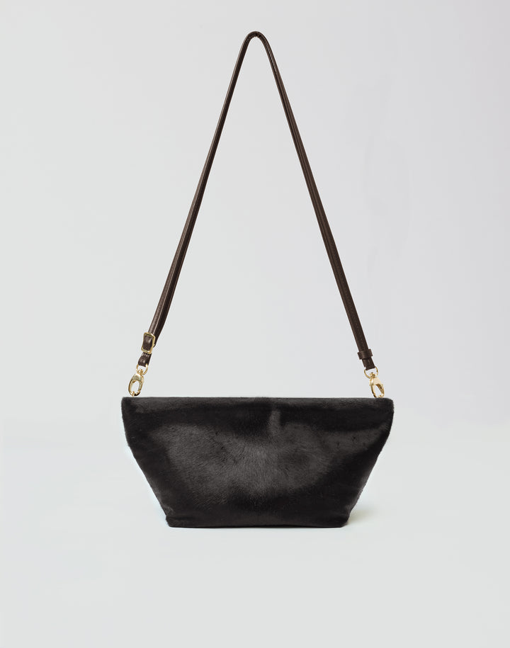 front view of HYER GOODS La Sala mini convertible shoulder bag in dark chocolate pony hair #color_dark-chocolate-pony