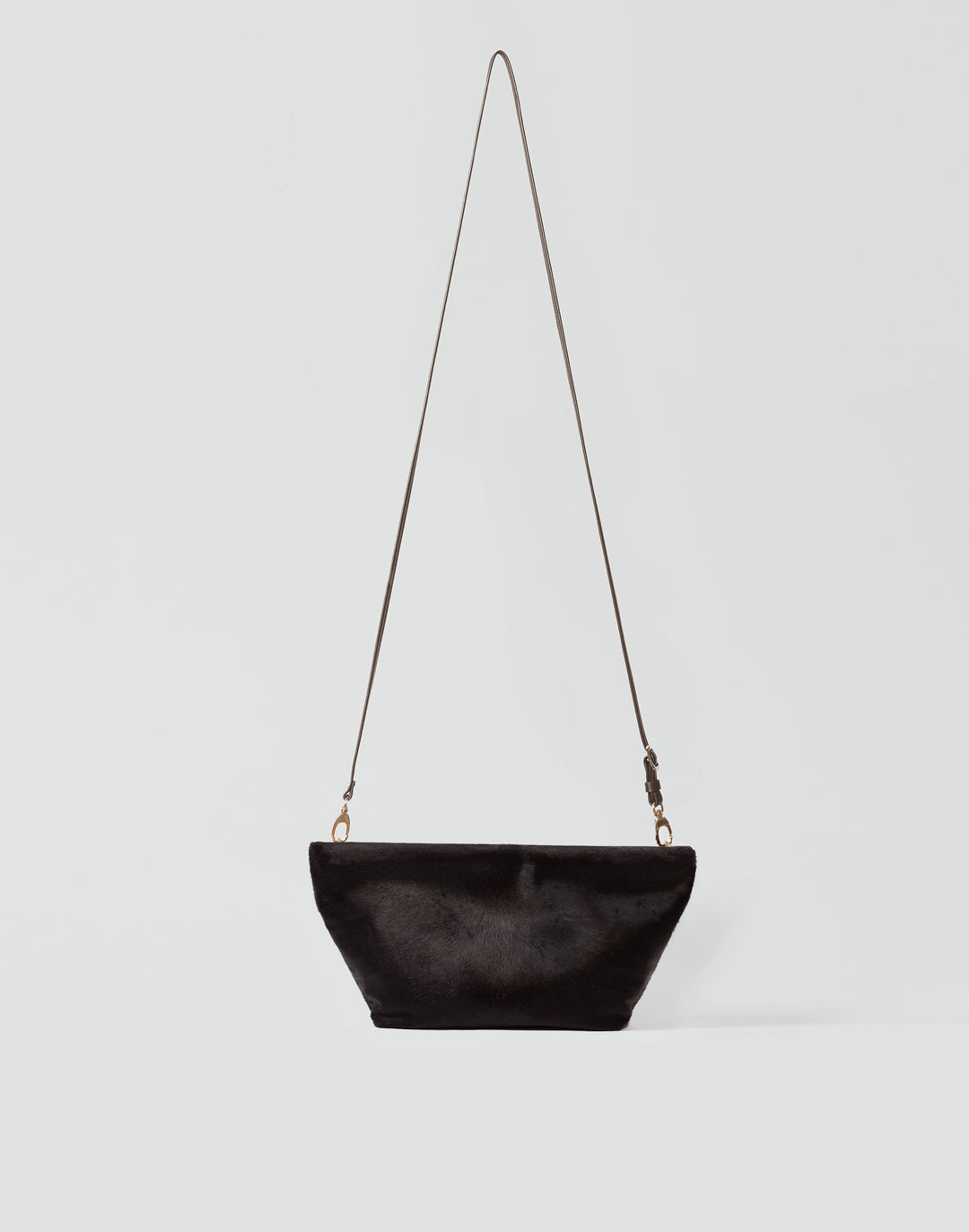 front view of HYER GOODS La Sala mini convertible shoulder bag in dark chocolate pony hair with strap extended #color_dark-chocolate-pony
