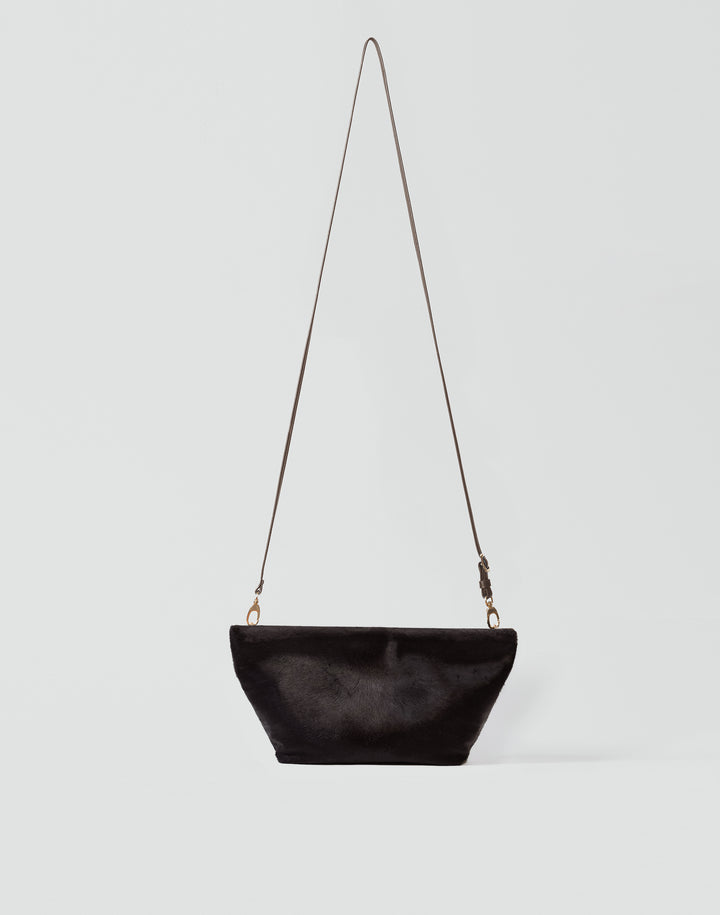 front view of HYER GOODS La Sala mini convertible shoulder bag in dark chocolate pony hair with strap extended #color_dark-chocolate-pony