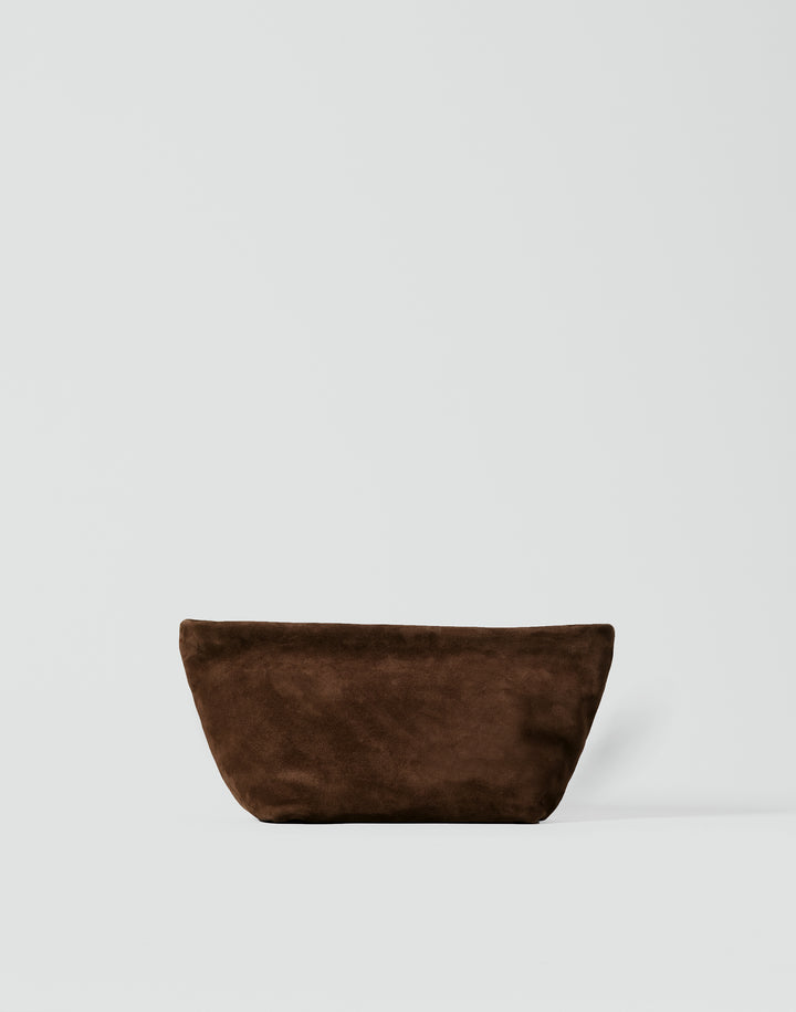 hyer goods la sala minimal shoulder bag  with removable thin strap front brown suede with gold hardware #color_chocolate-suede
