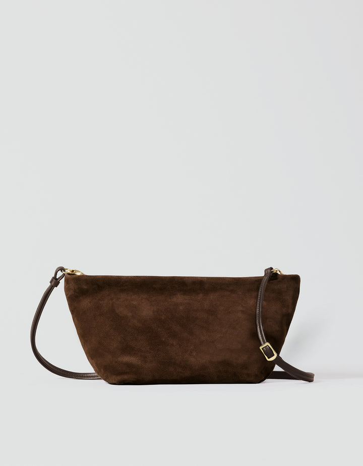 hyer goods la sala minimal shoulder bag  with removable thin strap front with long strap down in brown suede with gold hardware #color_chocolate-suede