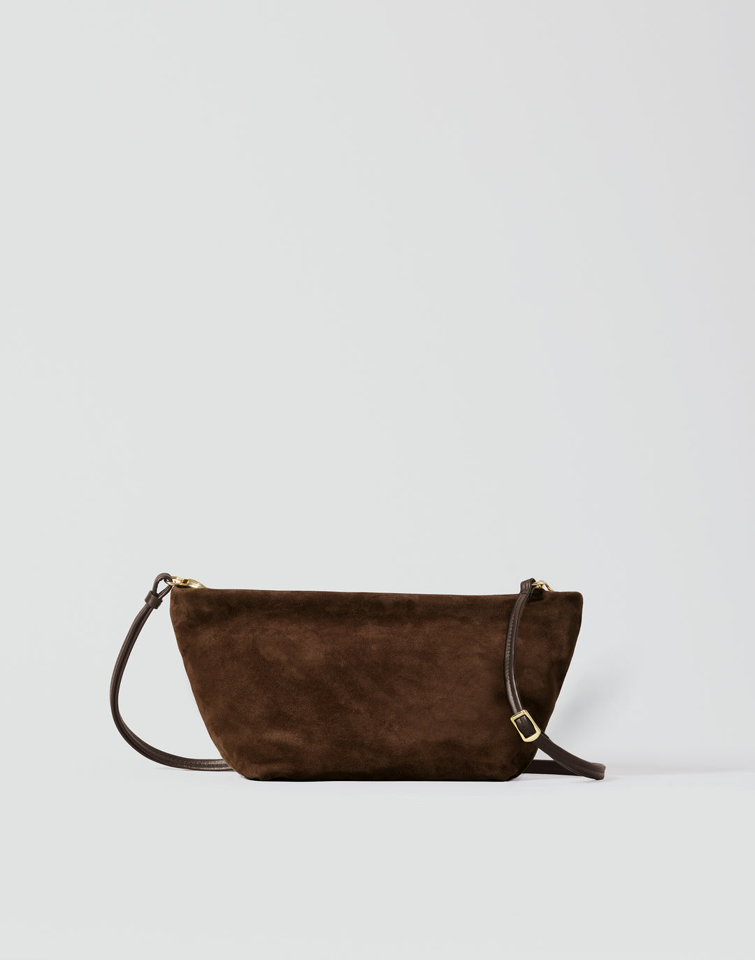 hyer goods la sala minimal shoulder bag  with removable thin strap front with long strap down in brown suede with gold hardware #color_chocolate-suede