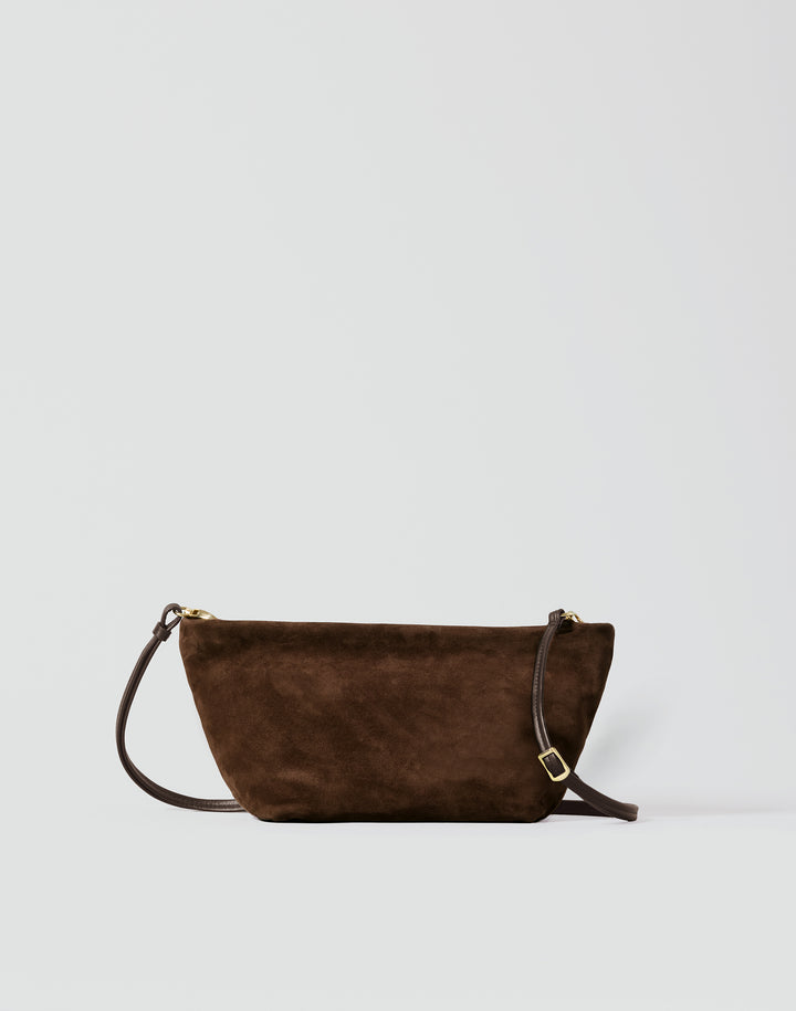hyer goods la sala minimal shoulder bag  with removable thin strap front with long strap down in brown suede with gold hardware #color_chocolate-suede