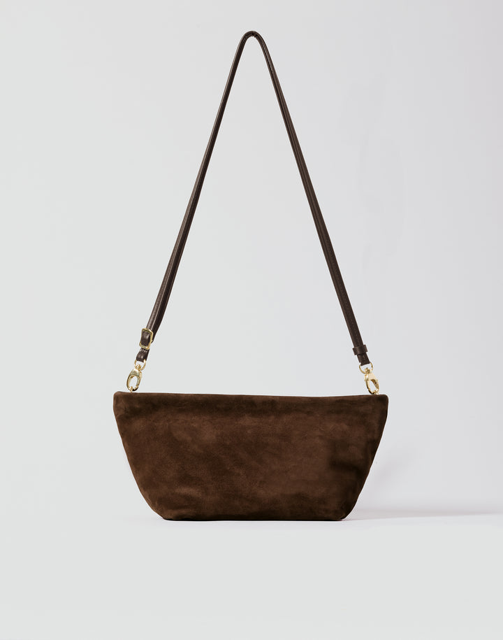 hyer goods la sala minimal shoulder bag  with removable thin strap front brown suede with gold hardware #color_chocolate-suede