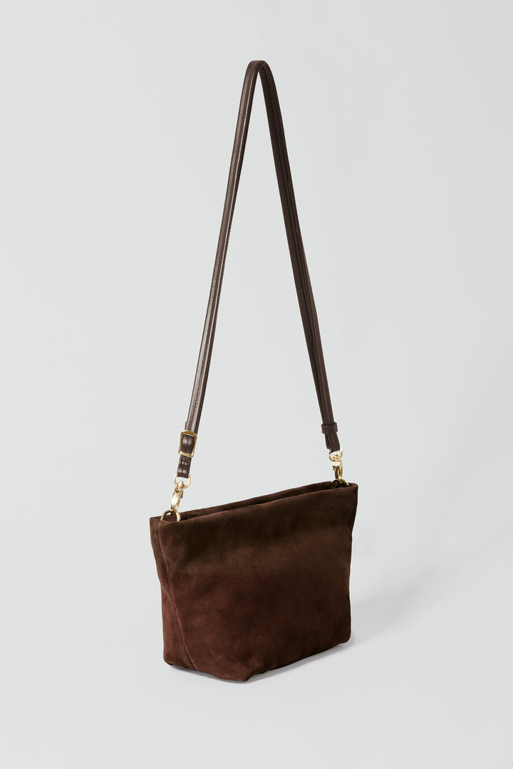 hyer goods la sala minimal shoulder bag  with removable thin strap 3/4 in brown suede with gold hardware #color_chocolate-suede