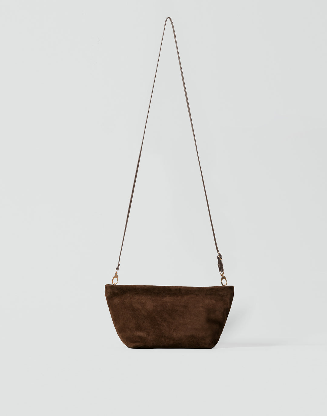 hyer goods la sala minimal shoulder bag  with removable thin strap front with long strap in brown suede with gold hardware #color_chocolate-suede