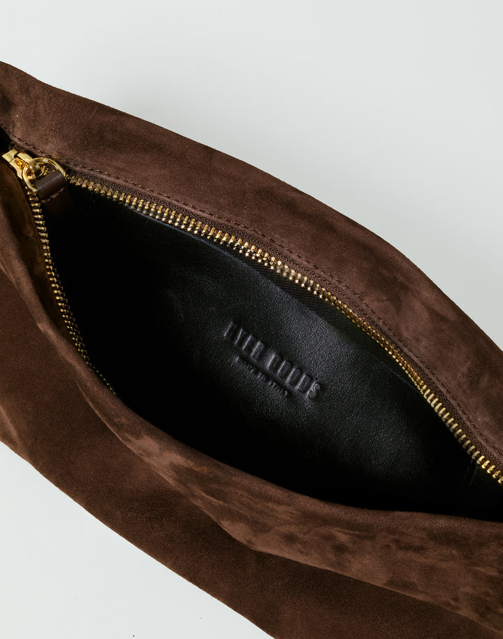 hyer goods la sala minimal shoulder bag  with removable thin strap front with slip pocket in brown suede with gold hardware #color_chocolate-suede