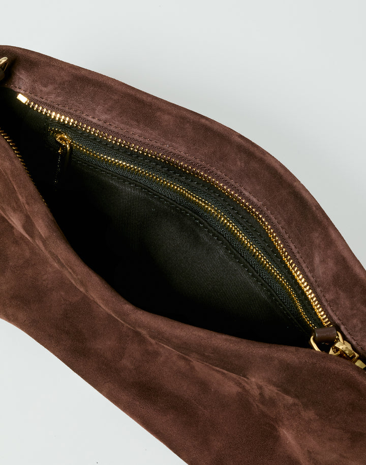 hyer goods la sala minimal shoulder bag  with removable thin strap inside view with zip pocket in brown suede with gold hardware #color_chocolate-suede