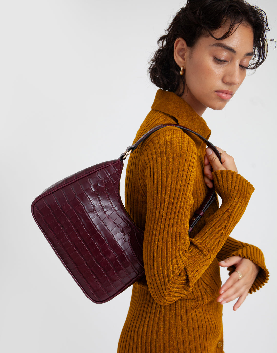 recycled genuine leather everyday shoulder bag burgundy crocodile#color_burgundy-croco