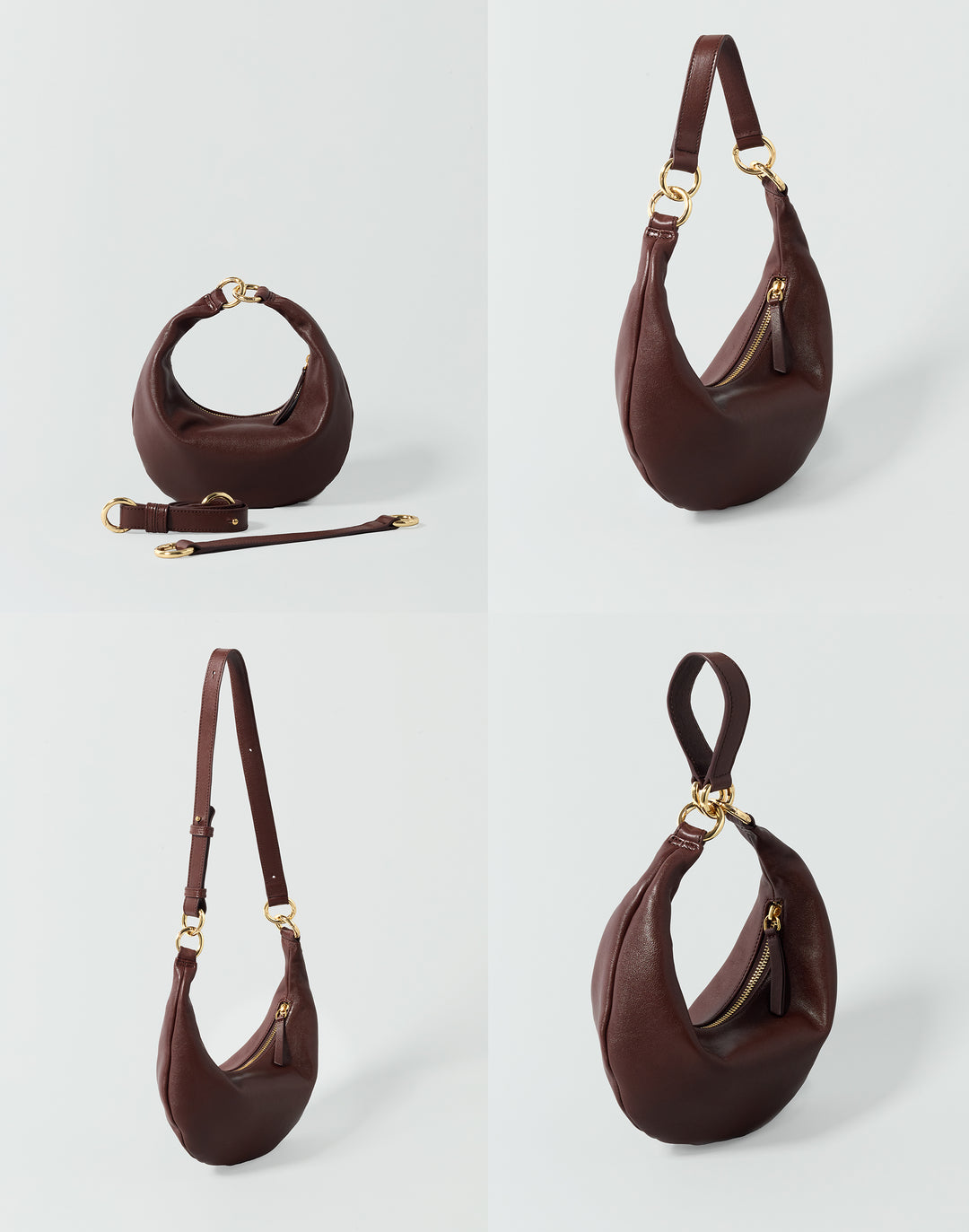 4 bags against a grey background, showing the same reddish brown crescent bag as a handheld bag, shoulder bag, crossbody bag and wristlet. #color_bordeaux-vintage
