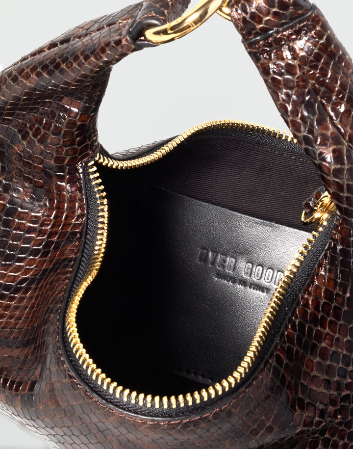 HYER GOODS Mini crescent micro ring bag brown python inside pocket #color_brown-python-embossed