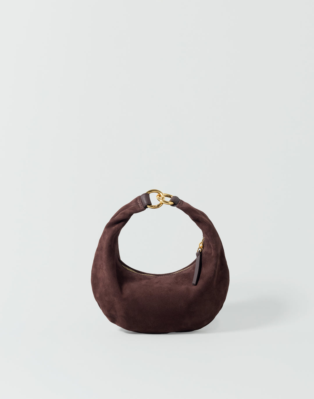 A dark brown suede crescent-shaped shoulder bag with a gold-tone chain-link handle and a small gold zipper pull, set against a plain light gray background. #color_chocolate-suede
