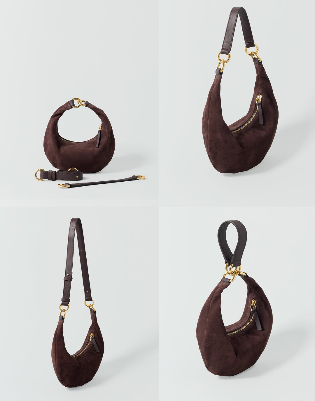 A dark brown suede crescent shoulder bag shown in four views on a light gray background, including a front view with strap, a side view with strap, a back view with strap, and a close-up of the bag with strap laid beside it. The bag has gold-tone hardware and a zip-around closure.#color_chocolate-suede