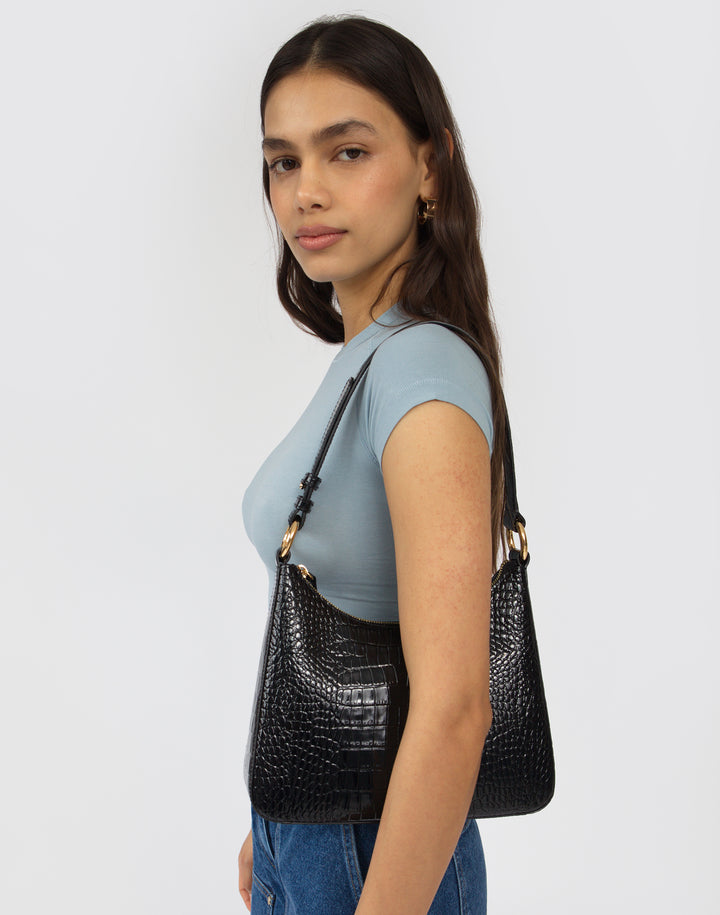 recycled genuine leather everyday shoulder bag black crocodile#color_black-croco