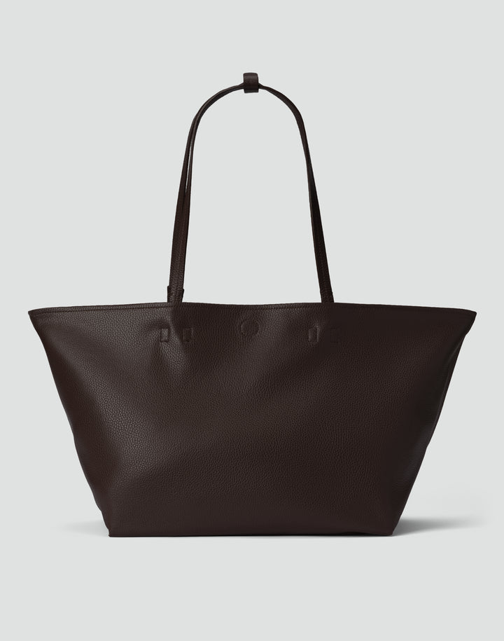 HYER GOODS Mercato dark brown tumbled unlined leather tote back #color_dark-chocolate