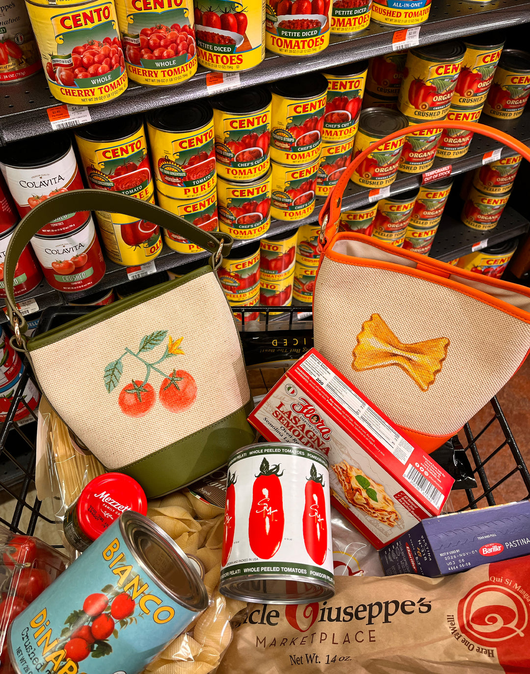 hyer goods summer cotton canvas mini bucket bag handpainted orange pasta farfalle #color_linen-orange #style_farfalle