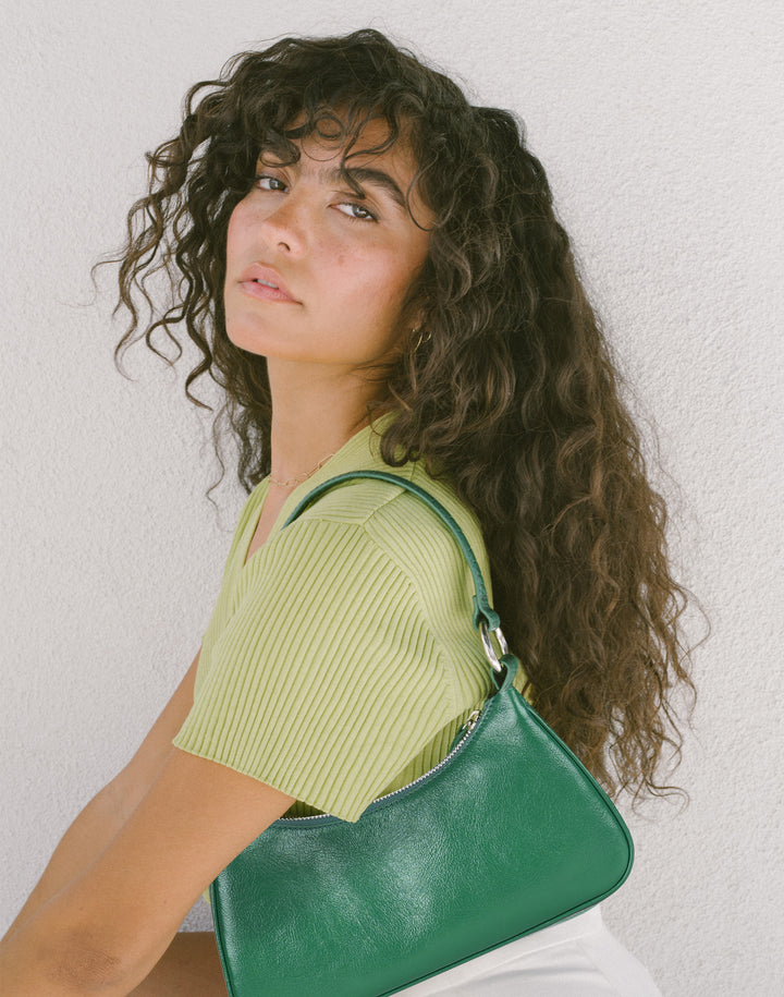 recycled genuine leather mini shoulder bag shiny green#color_glazed-green