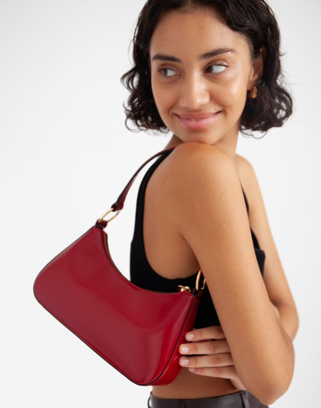 recycled genuine leather mini shoulder bag shiny red#color_glazed-red