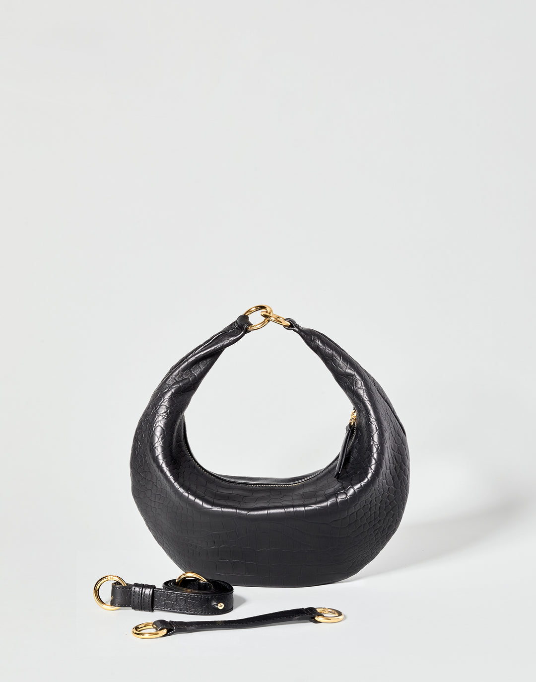 HYER GOODS convertible croc crossbody hobo  crescent bag Piccola ring bag #color_black-croco