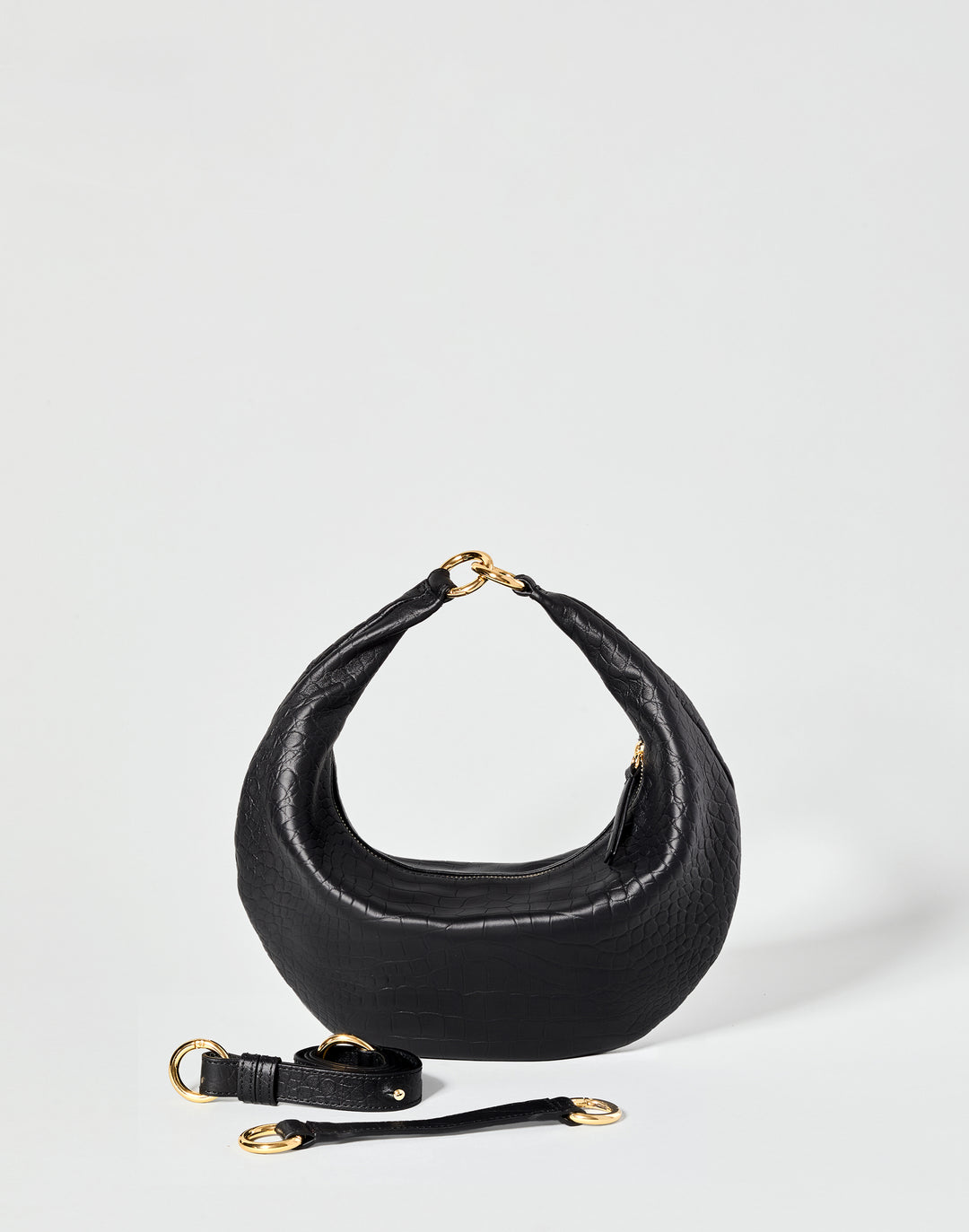 HYER GOODS convertible croc crossbody hobo  crescent bag Piccola ring bag #color_black-croco