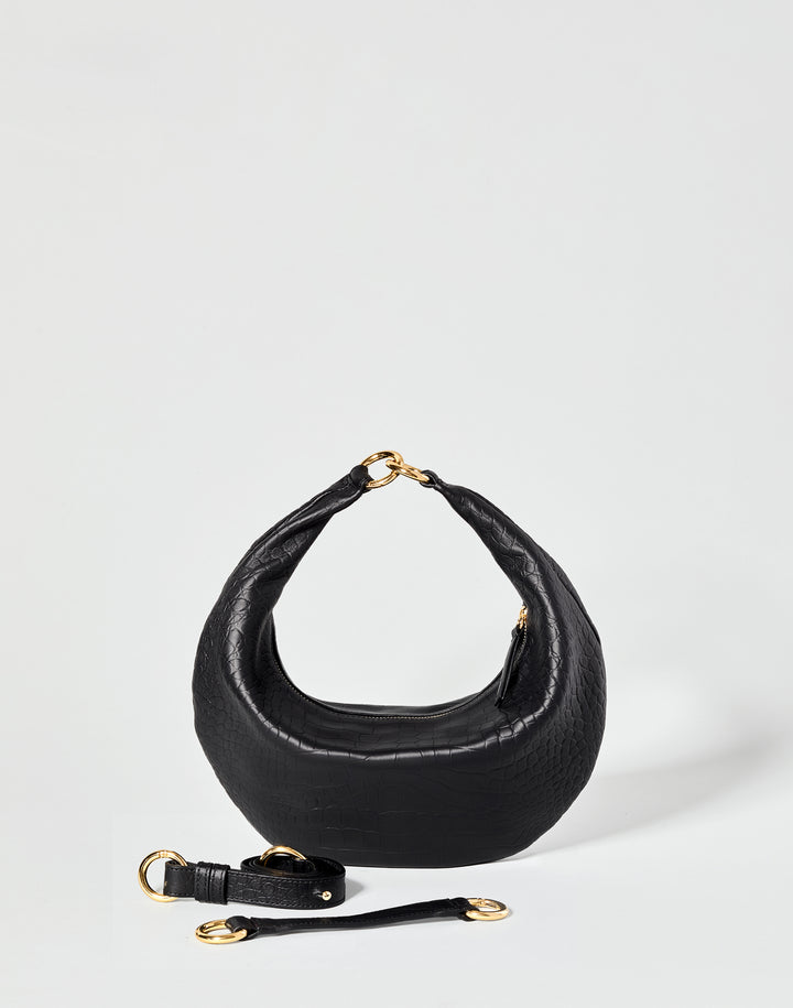 HYER GOODS convertible croc crossbody hobo  crescent bag Piccola ring bag #color_black-croco