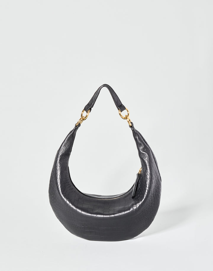 HYER GOODS convertible croc crossbody hobo  crescent bag Piccola ring bag #color_black-croco