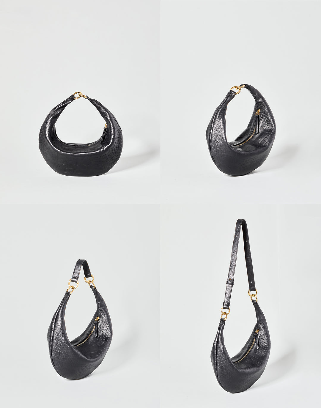 HYER GOODS convertible croc crescent bag 4 ways to wear Piccola ring bag #color_black-croco