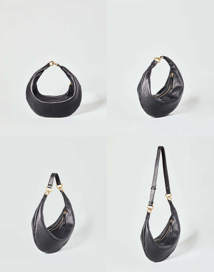 HYER GOODS convertible croc crescent bag 4 ways to wear Piccola ring bag #color_black-croco