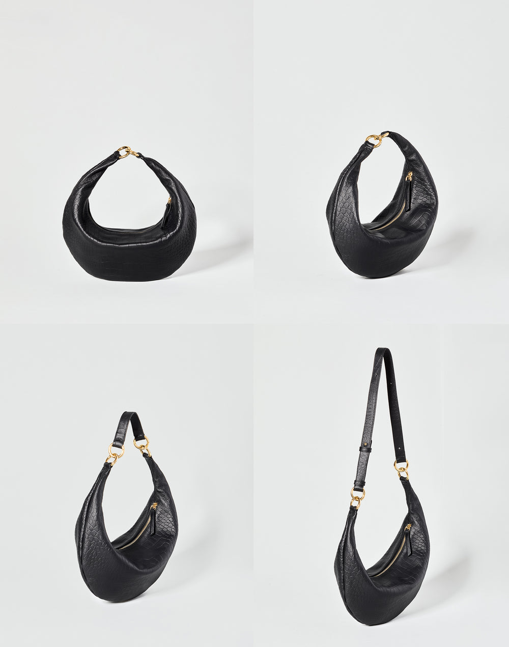 HYER GOODS convertible croc crossbody hobo  crescent bag Piccola ring bag #color_black-croco