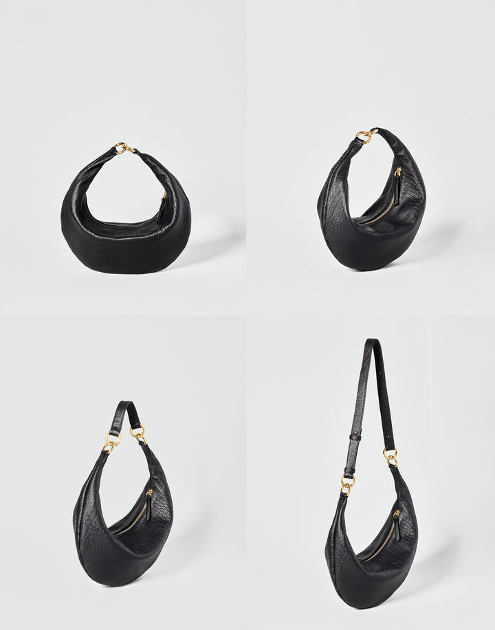 HYER GOODS convertible croc crossbody hobo  crescent bag Piccola ring bag #color_black-croco