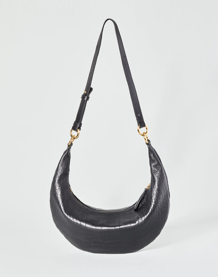 HYER GOODS convertible croc crossbody hobo  crescent bag Piccola ring bag #color_black-croco