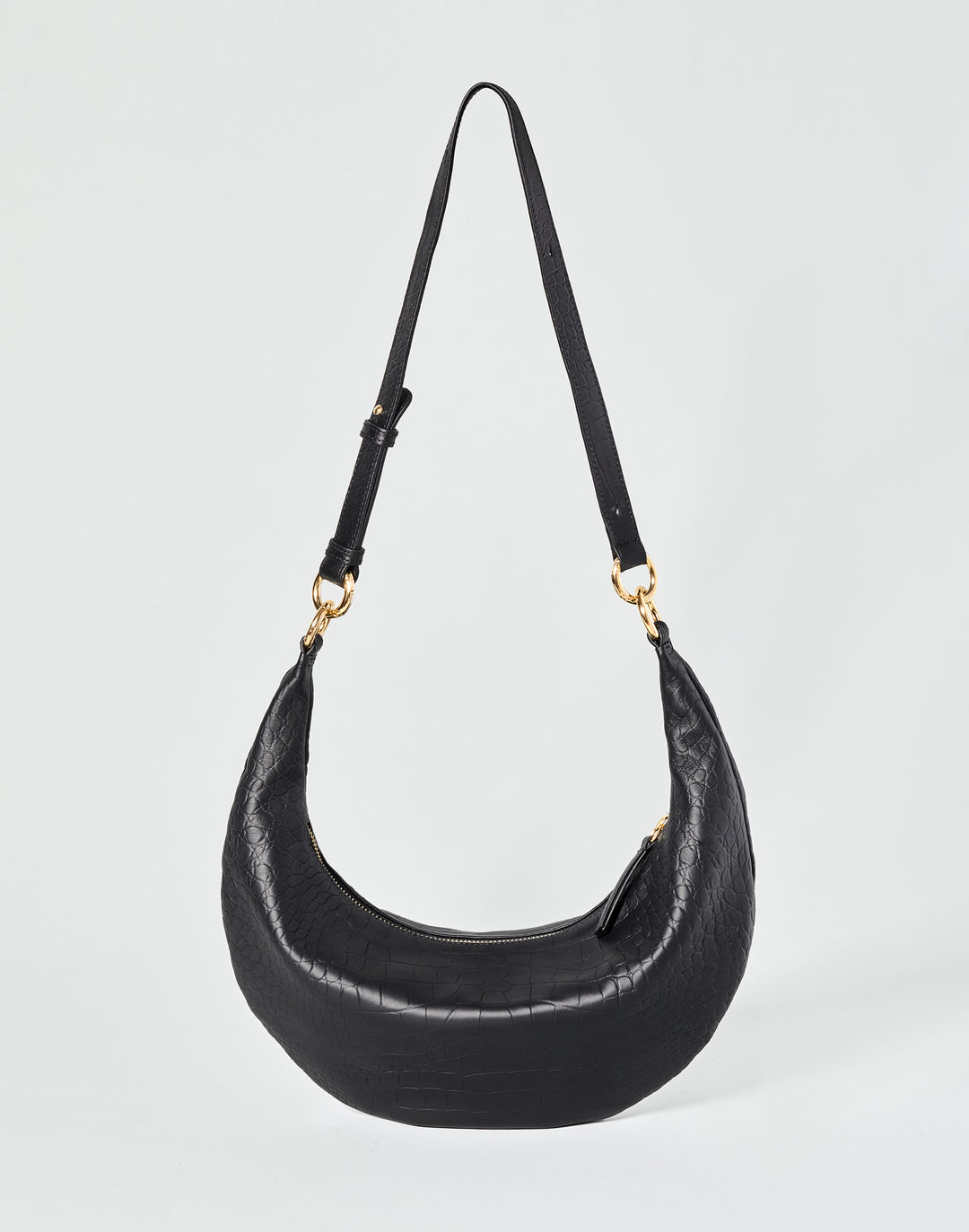 HYER GOODS convertible croc crossbody hobo  crescent bag Piccola ring bag #color_black-croco