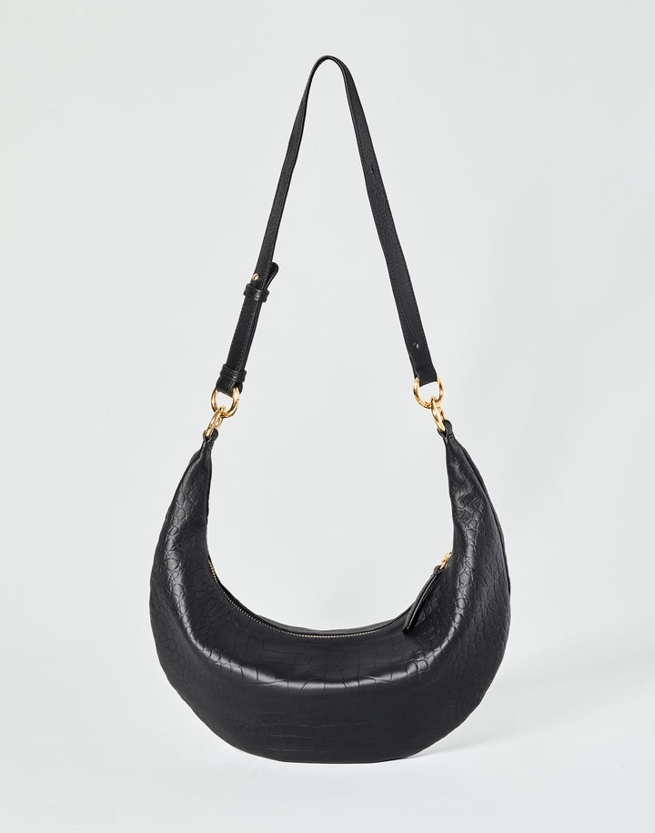 HYER GOODS convertible croc crossbody hobo  crescent bag Piccola ring bag #color_black-croco