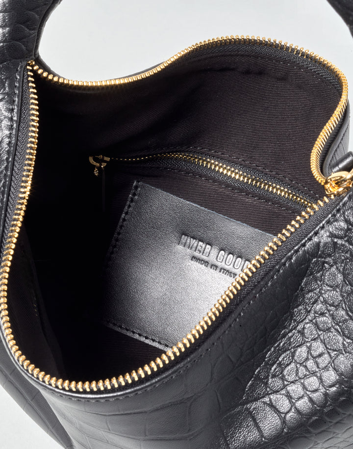 HYER GOODS convertible croc crossbody hobo  crescent bag Piccola ring bag  inside view#color_black-croco