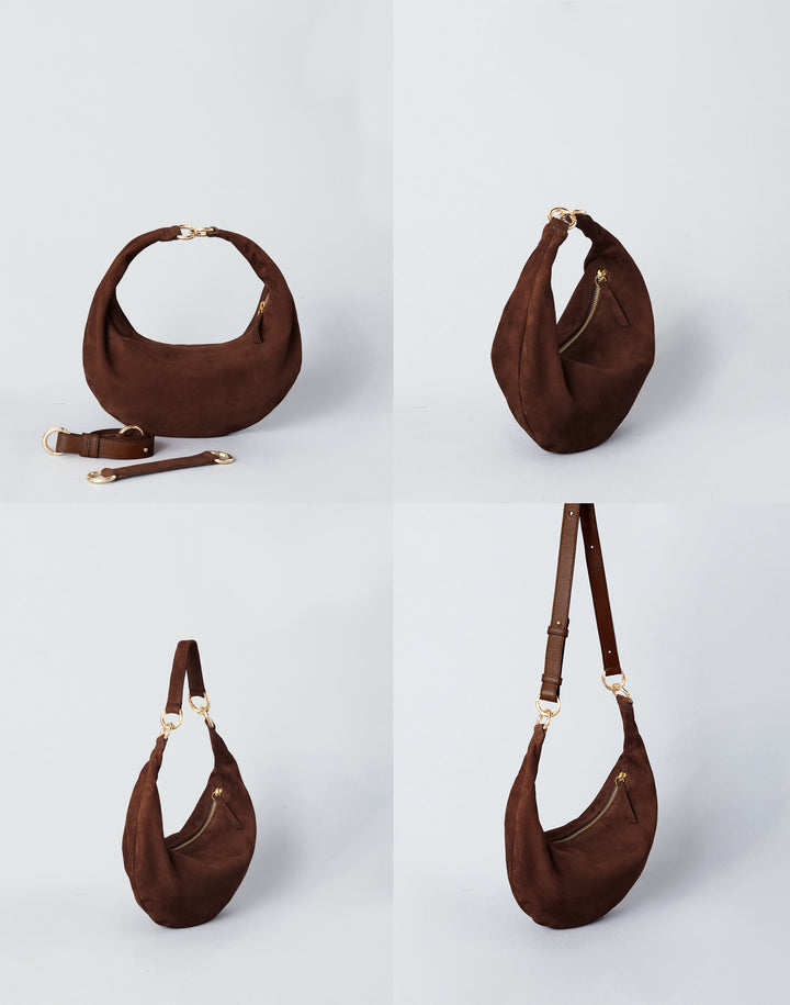 A four-panel studio product shot of a crescent-shaped shoulder bag in dark brown suede, shown from multiple angles with a matching detachable strap laid out on a light gray background. HYER GOODS Piccola Ring Bag #color_chocolate-suede