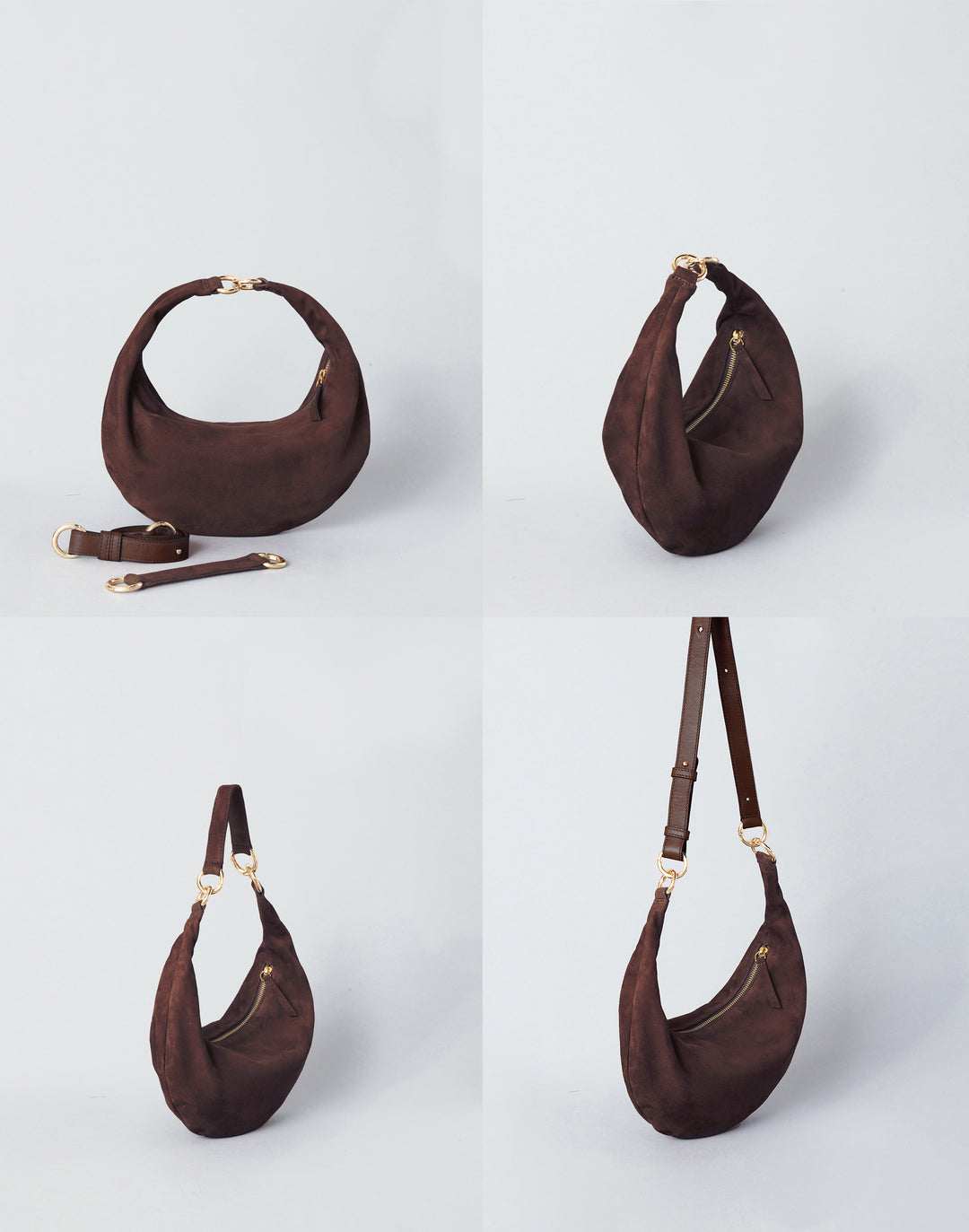 4 bags against a grey background, showing 3 ways to wear a dark chocolate crescent-shaped bag-- handheld, as a shoulder bag or a crossbody bag  #color_chocolate-suede