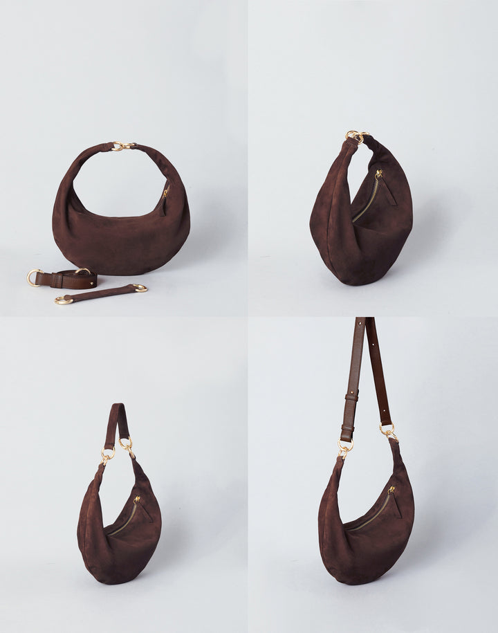 4 bags against a grey background, showing 3 ways to wear a dark chocolate crescent-shaped bag-- handheld, as a shoulder bag or a crossbody bag  #color_chocolate-suede