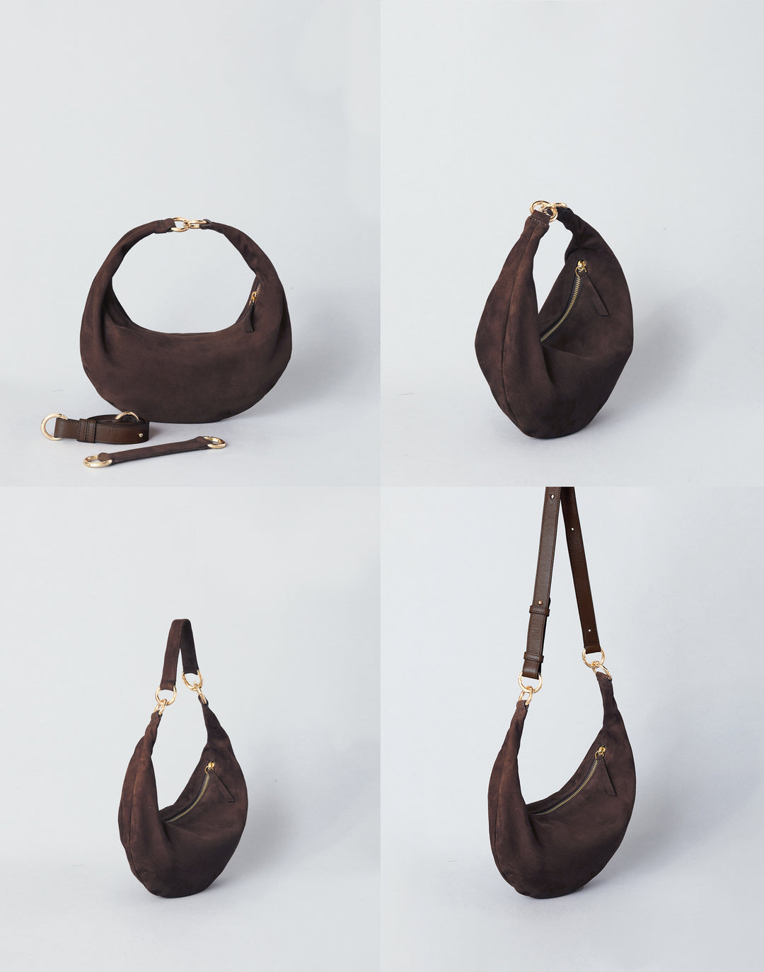A four-panel studio product shot of a crescent-shaped shoulder bag in dark brown suede, shown from multiple angles with a matching detachable strap laid out on a light gray background. HYER GOODS Piccola Ring Bag #color_chocolate-suede