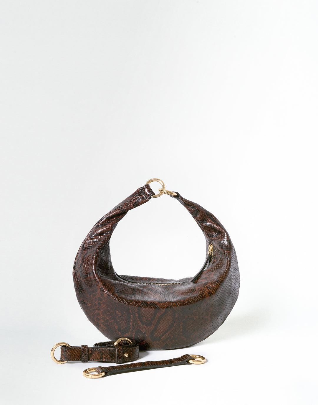 HYER GOODS convertible python handheld halfmoon bag clutch with extra straps Piccola ring bag #color_brown-python