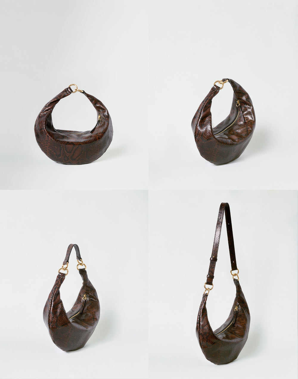 HYER GOODS convertible python crossbody hobo convertible crossbody crescent bag Piccola ring bag - 4 ways to wear #color_brown-python