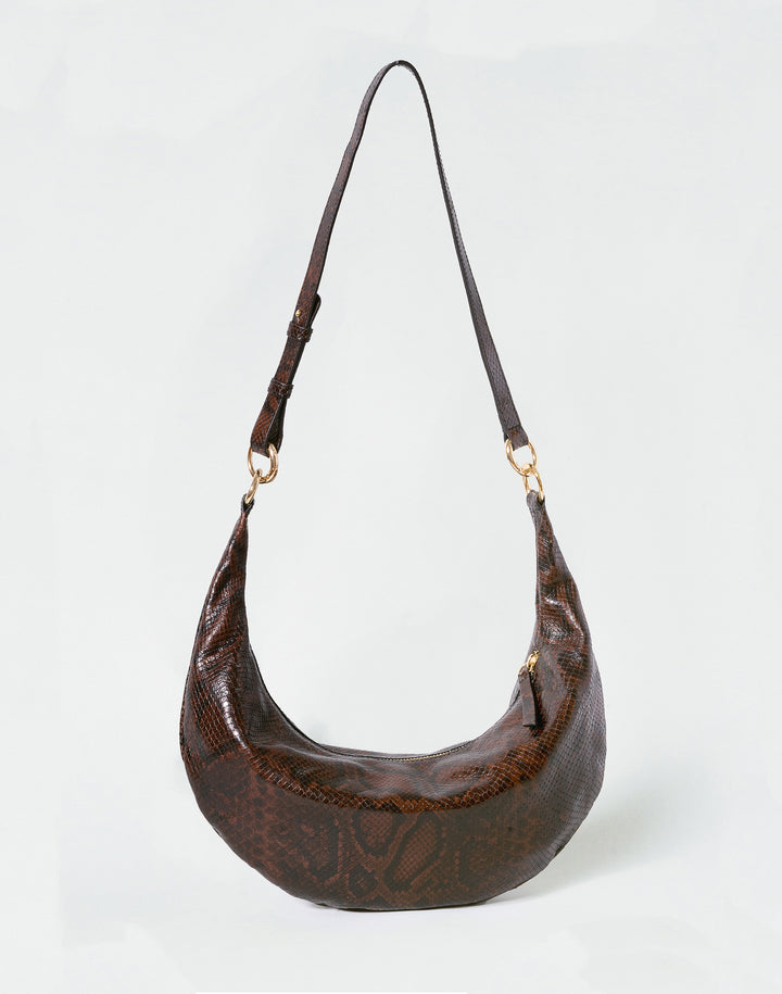 HYER GOODS convertible python crossbody hobo convertible crossbody crescent bag Piccola ring bag  #color_brown-python