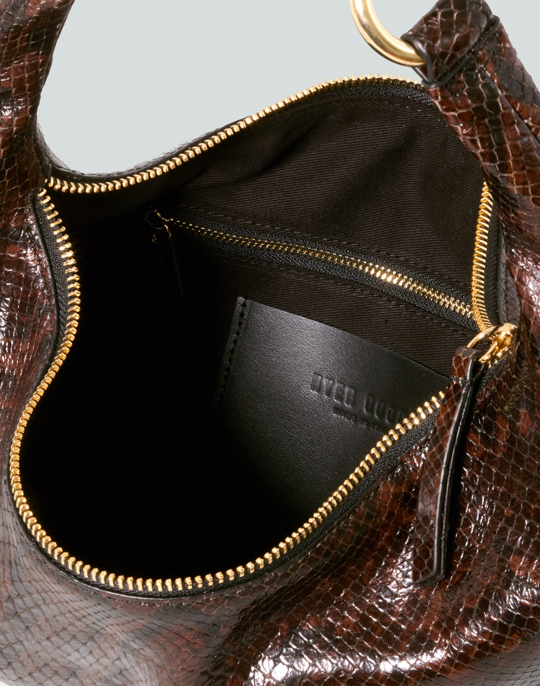 HYER GOODS convertible python crossbody hobo  crescent bag inside zipper Piccola ring bag #color_brown-python