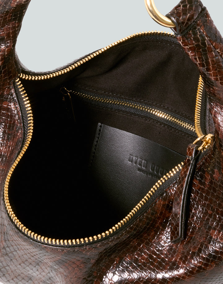 HYER GOODS convertible python crossbody hobo  crescent bag inside zipper Piccola ring bag #color_brown-python