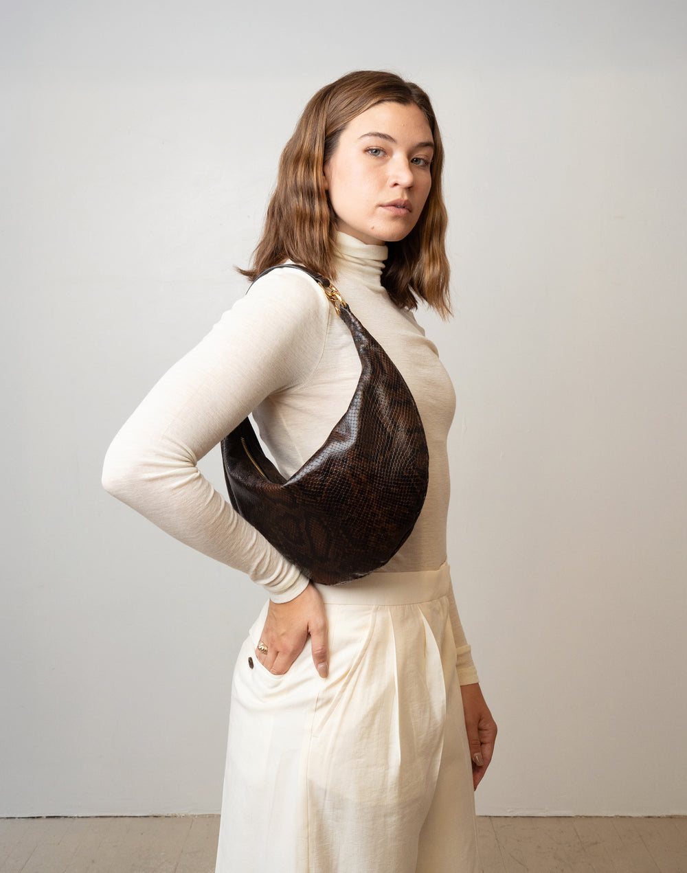 HYER GOODS convertible python crossbody hobo convertible crossbody crescent bag Piccola ring bag  #color_brown-python-embossed