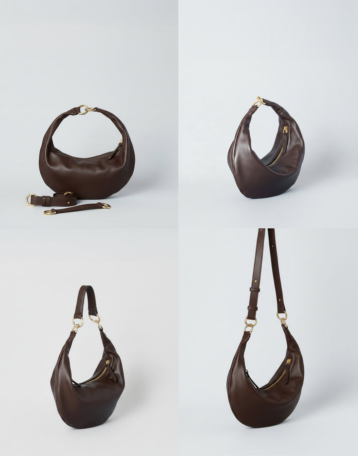 HYER GOODS convertible crossbody hobo  crescent bag Piccola ring bag #color_chocolate