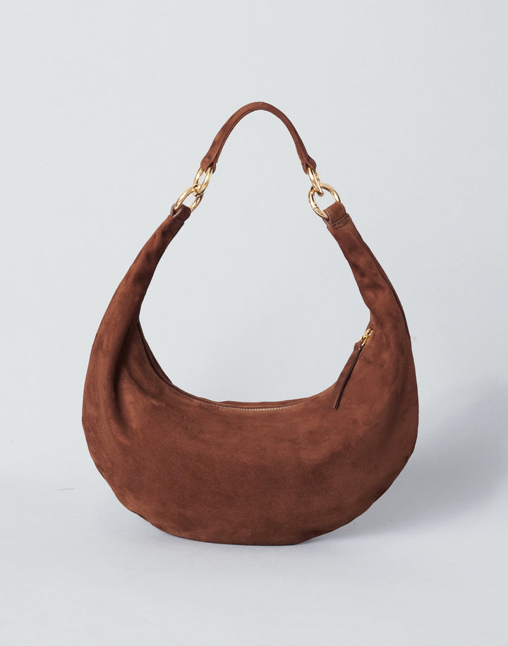 HYER GOODS convertible suede crossbody hobo  crescent bag Piccola ring bag #color_praline-suede