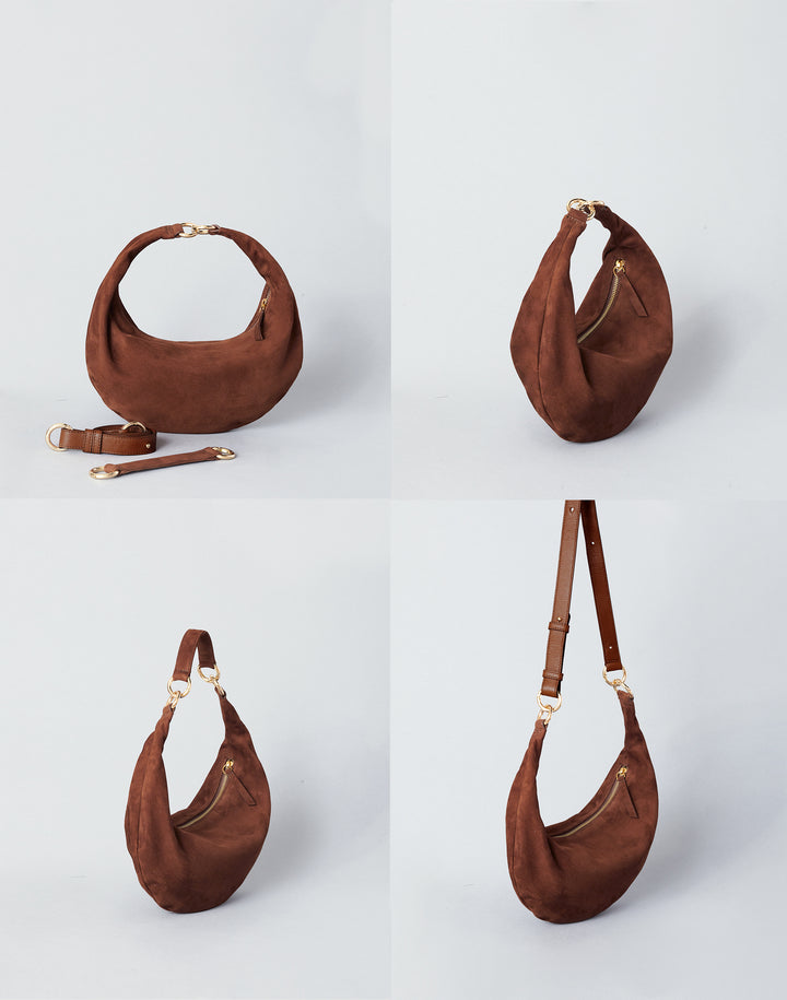 HYER GOODS convertible suede crossbody hobo  crescent bag Piccola ring bag #color_praline-suede
