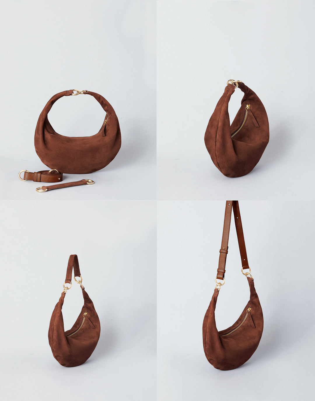 HYER GOODS convertible suede crossbody hobo  crescent bag Piccola ring bag #color_praline-suede