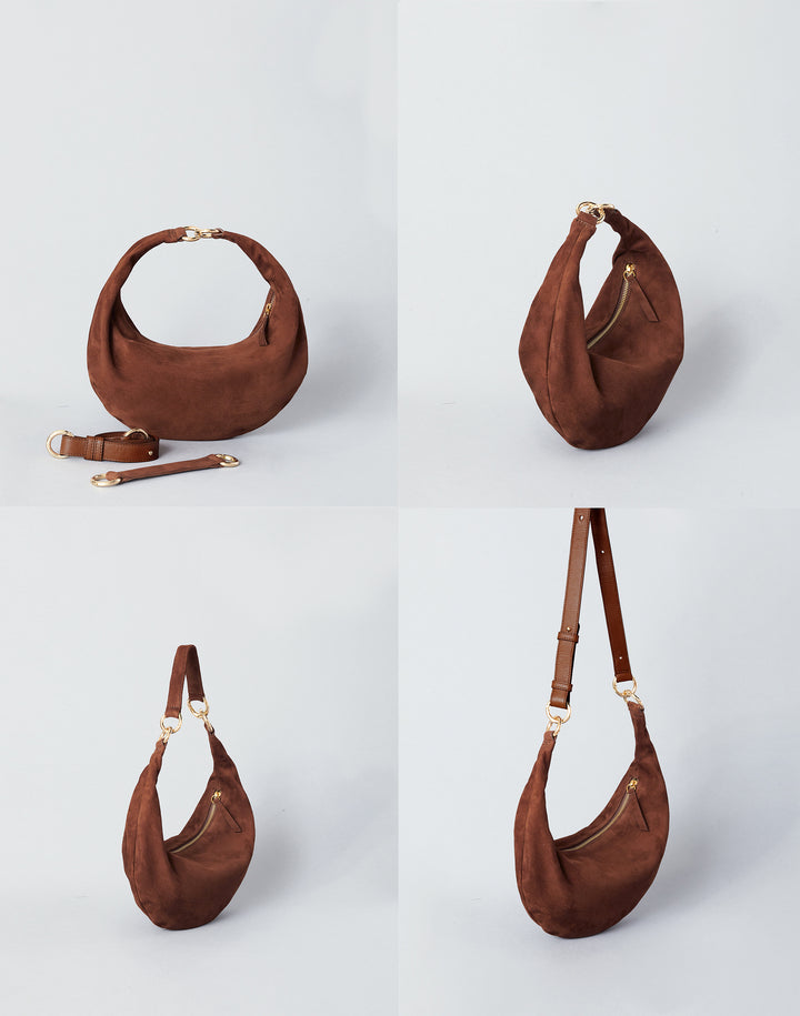 HYER GOODS convertible suede crossbody hobo  crescent bag Piccola ring bag #color_praline-suede