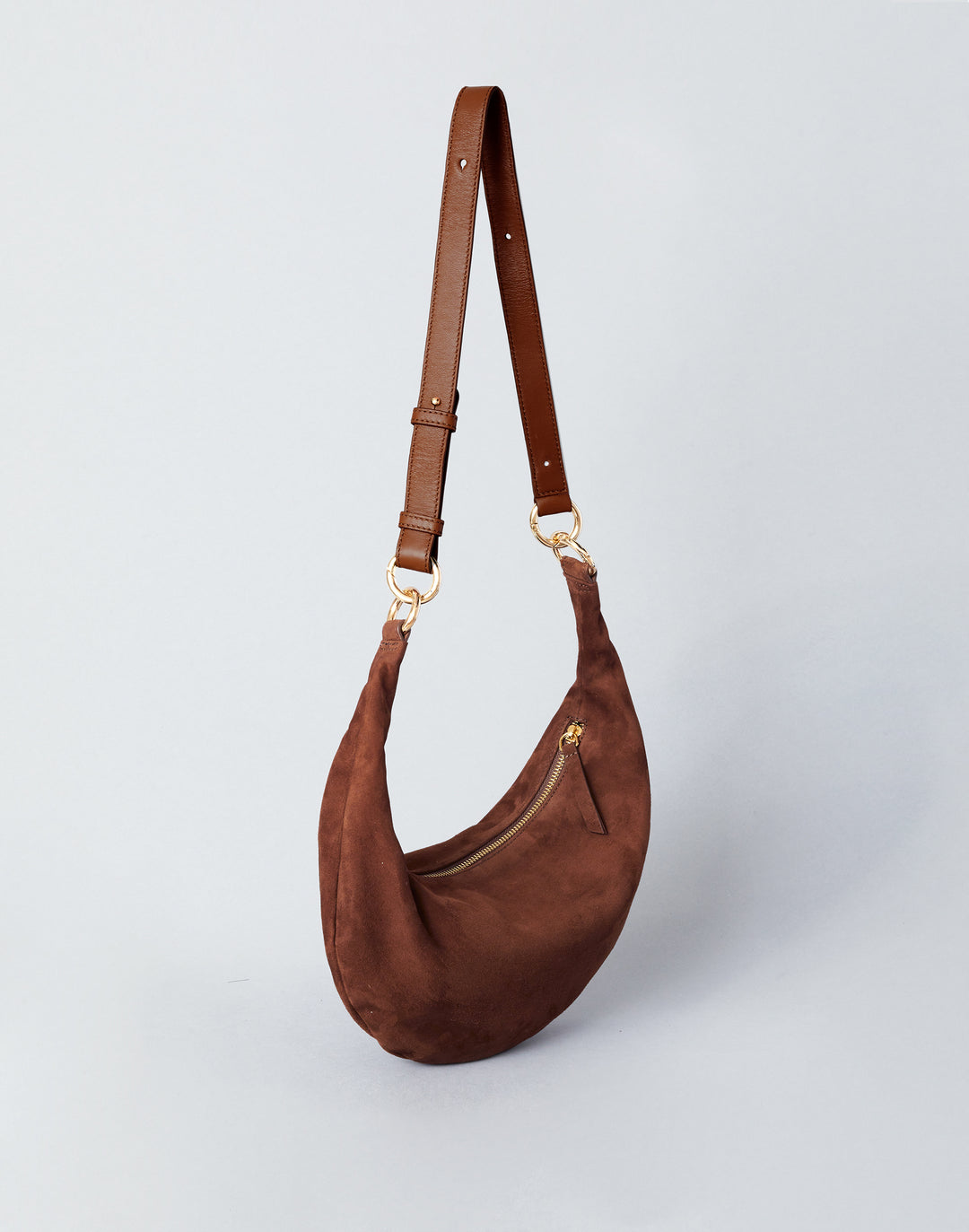 HYER GOODS convertible suede crossbody hobo  crescent bag Piccola ring bag #color_praline-suede